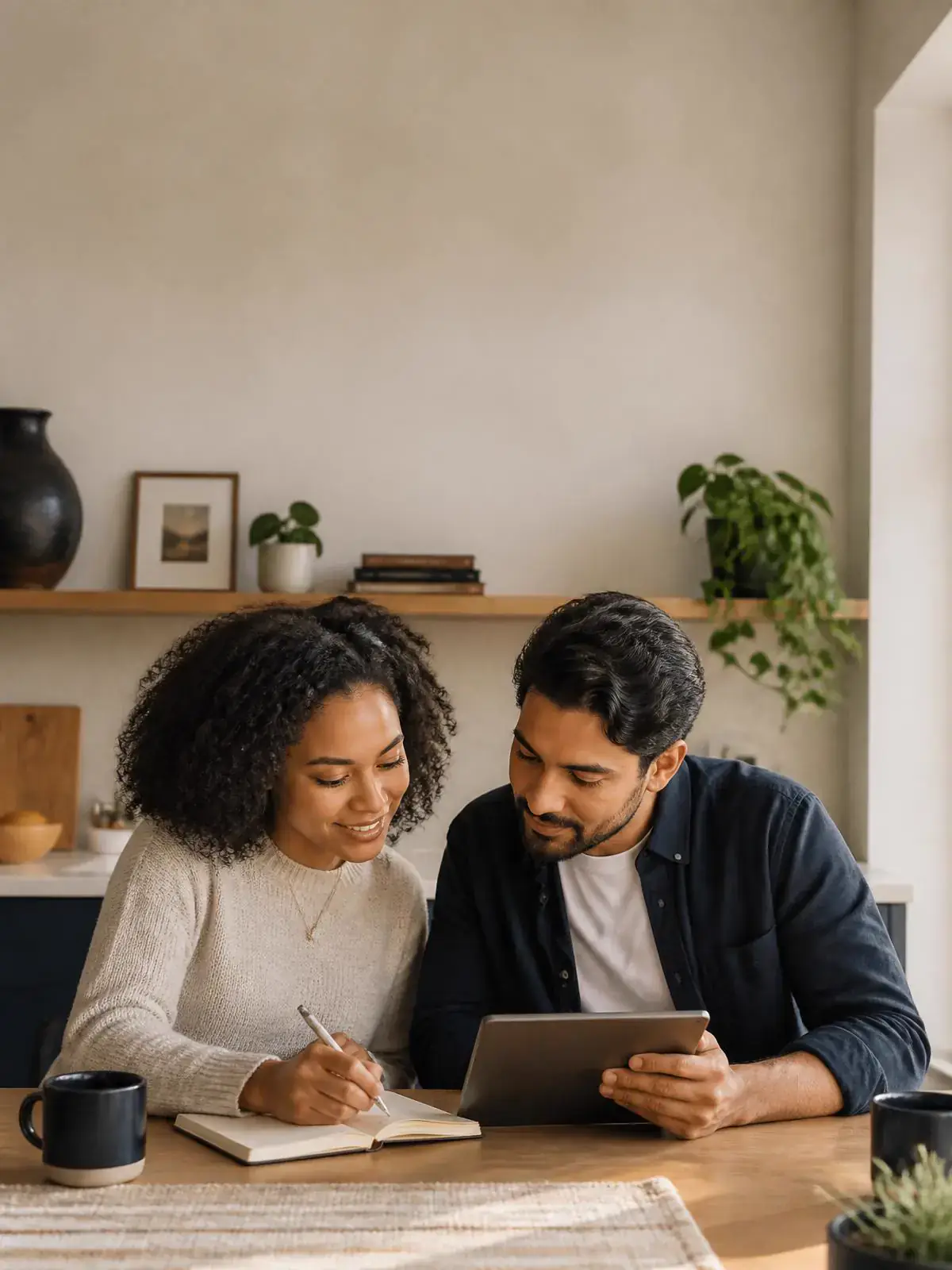 Two people sitting at a kitchen table writing in a notebook while looking at a tablet together