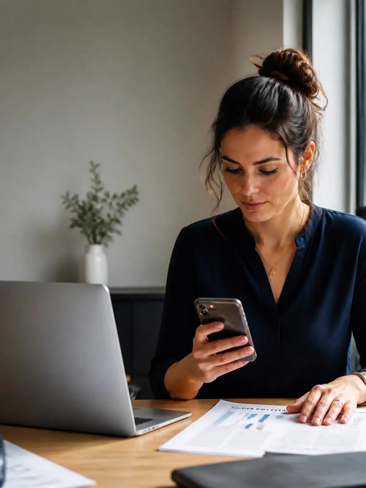 A person at a desk checking their account on a phone beside a laptop