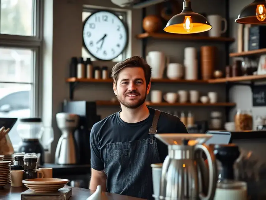 A small-business owner standing behind their coffee shop counter