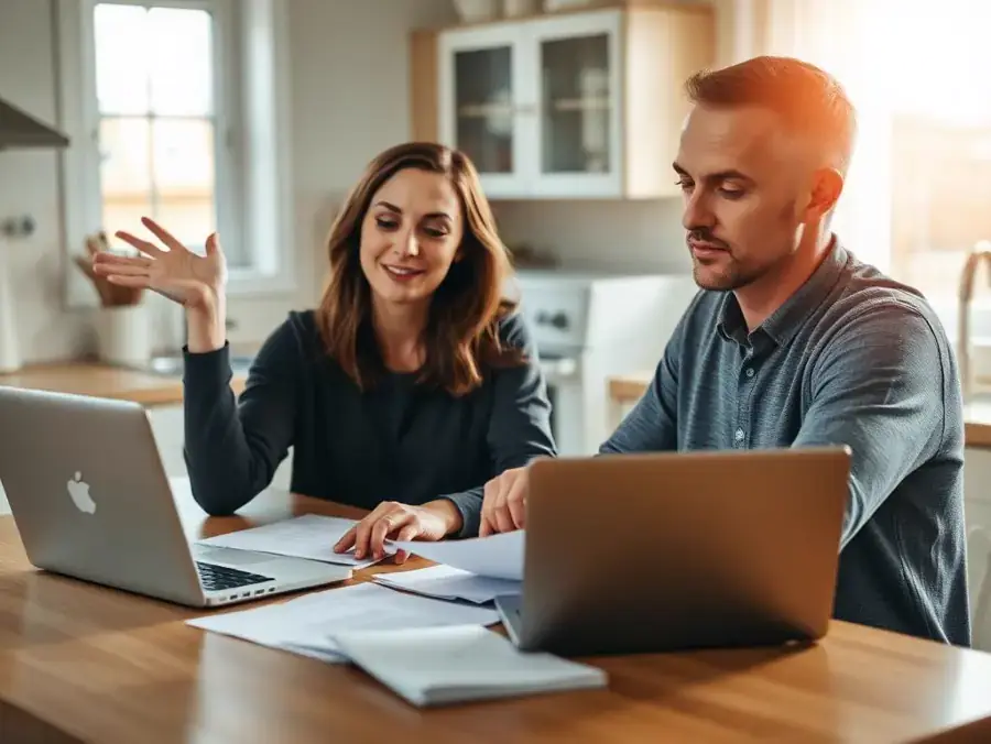 Two people reviewing bills and a payoff plan at a kitchen table