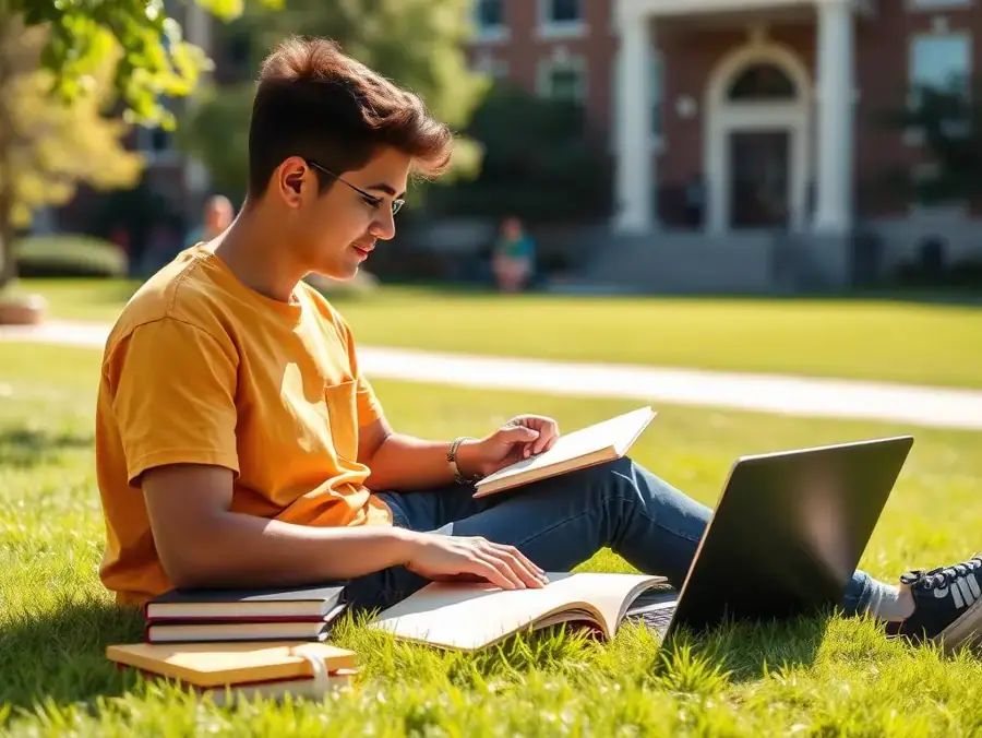 A student studying with books and a laptop on a campus lawn