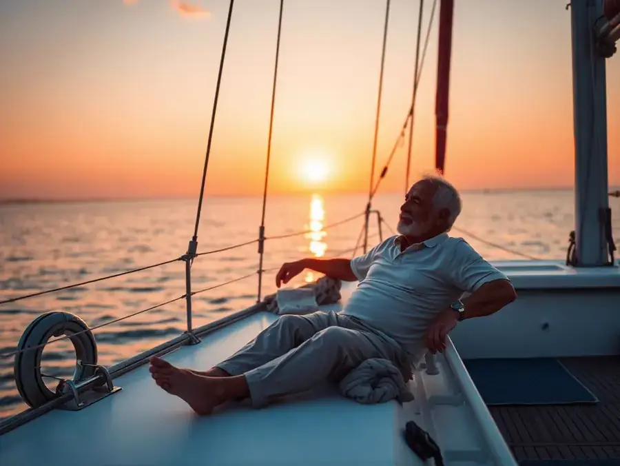 A retired man relaxing on a sailboat at sunset